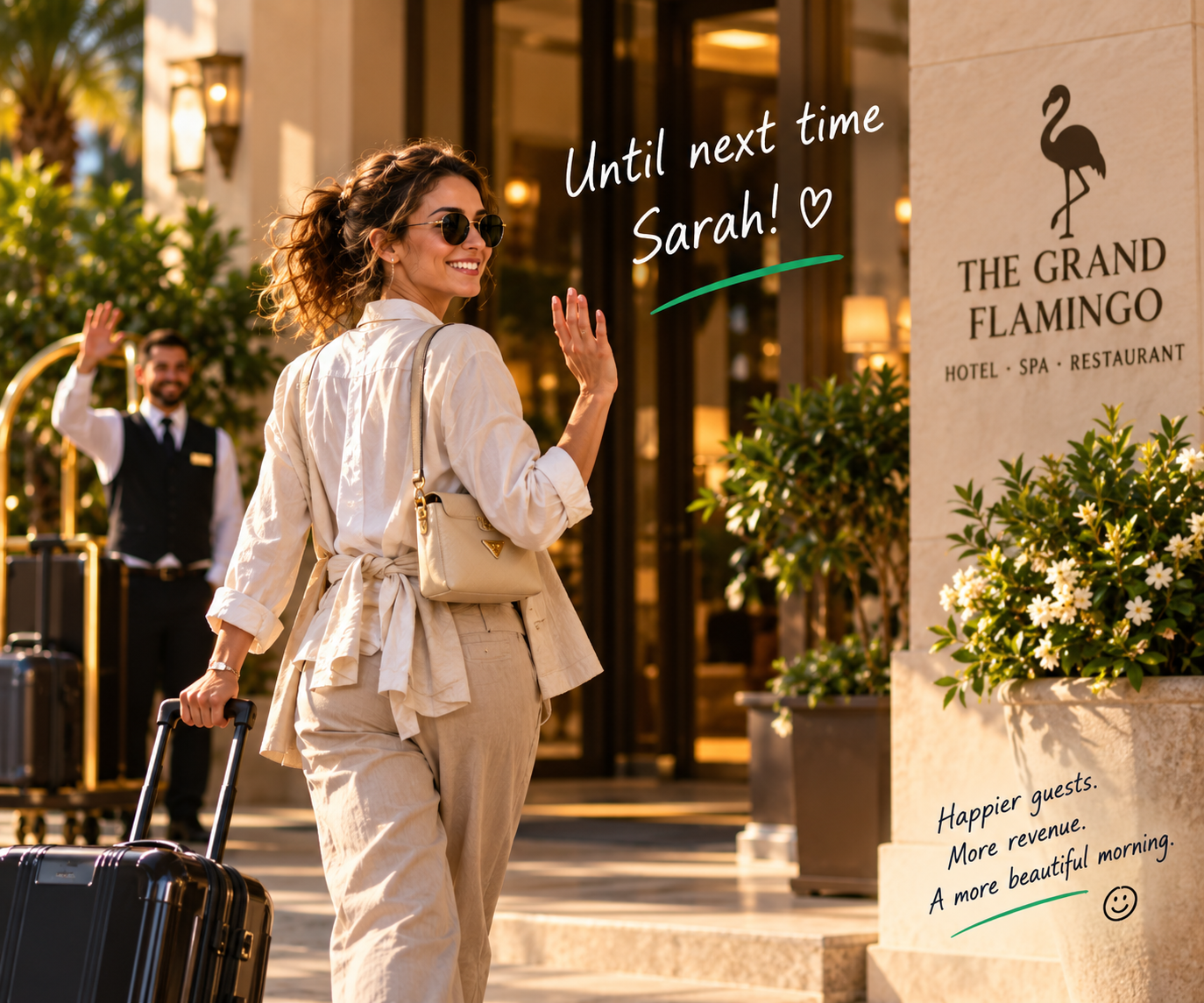Sarah leaving The Grand Flamingo after her stay
