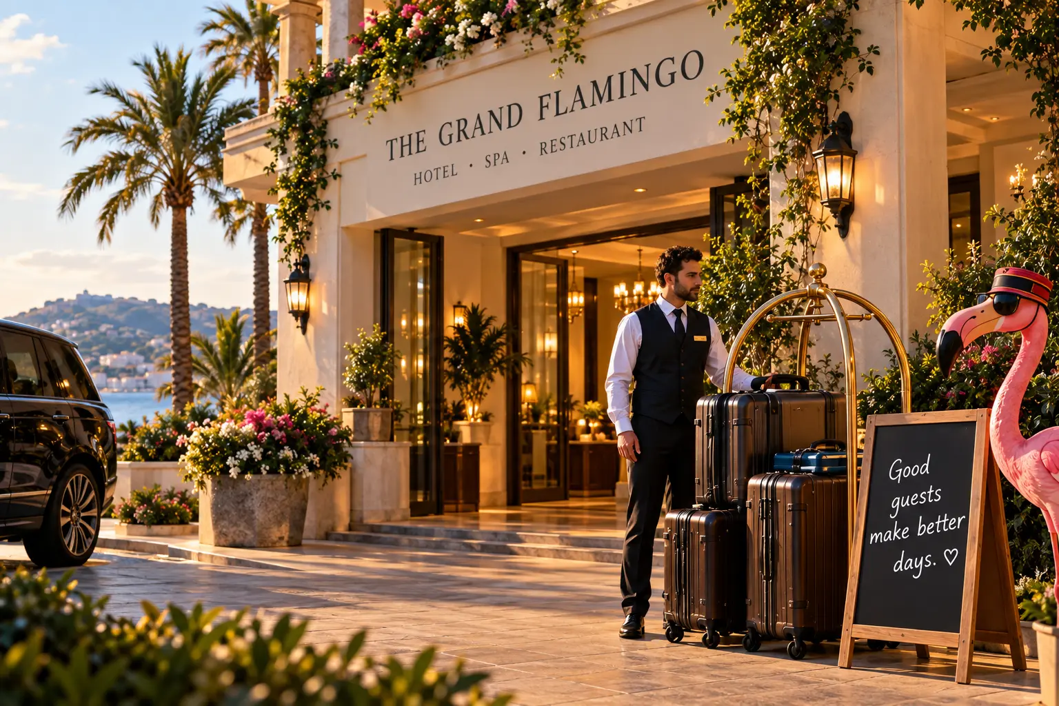 Sarah arriving at The Grand Flamingo